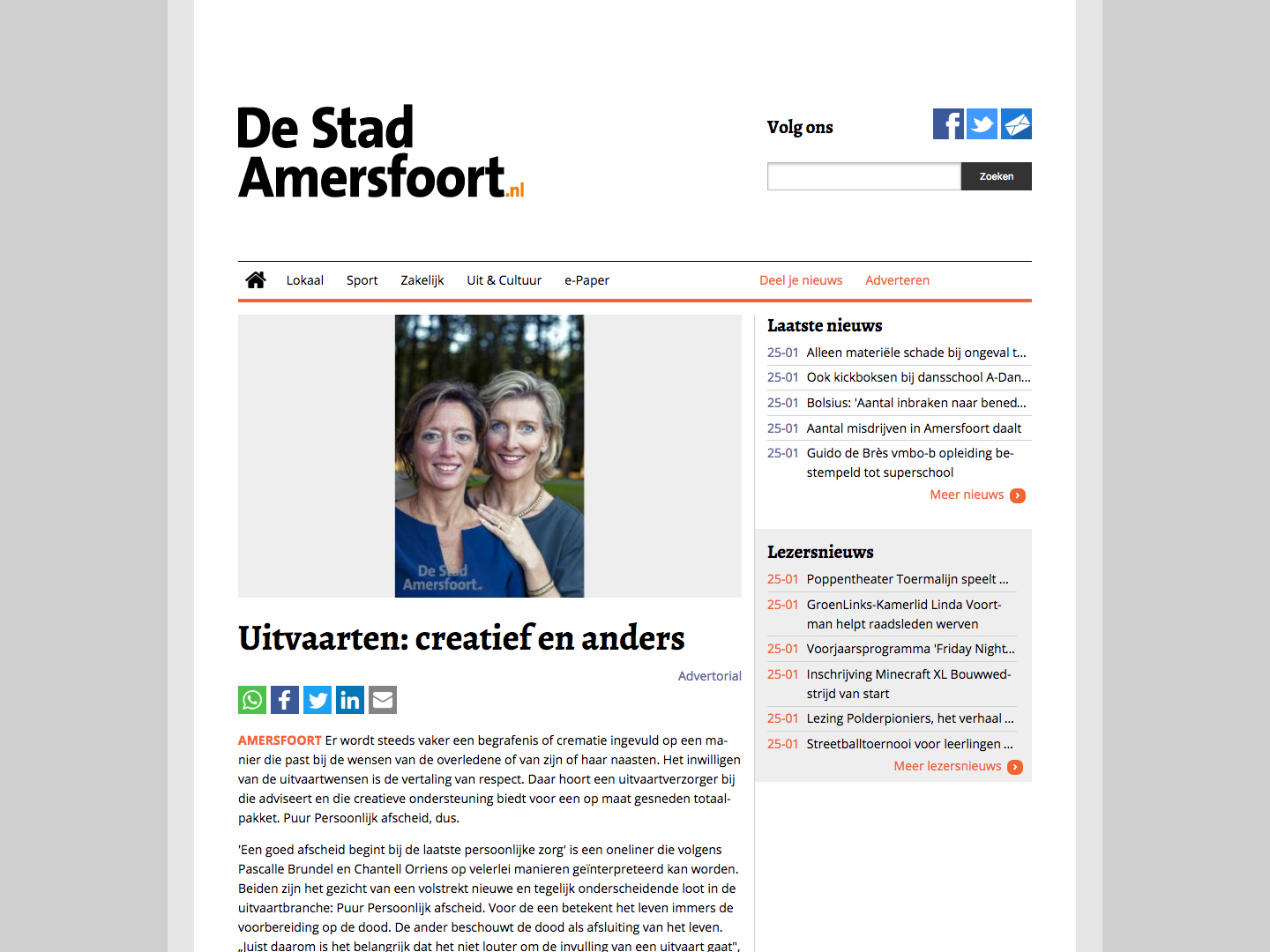 Krantenbericht 'Uitvaarten: creatief en anders'